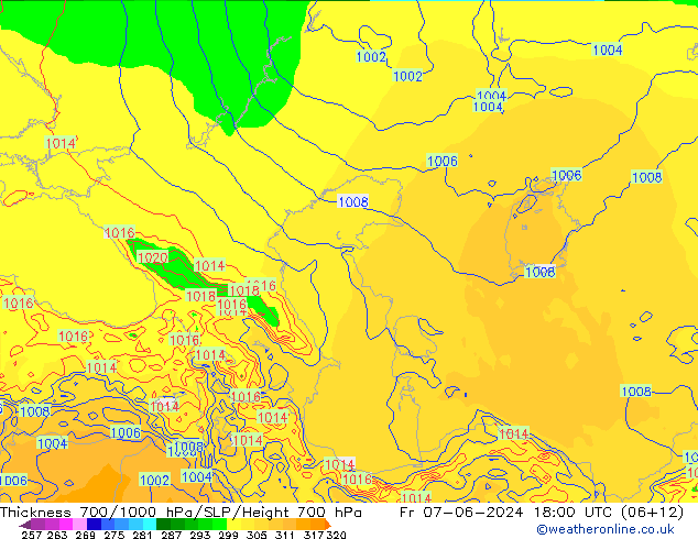 Thck 700-1000 гПа ECMWF пт 07.06.2024 18 UTC