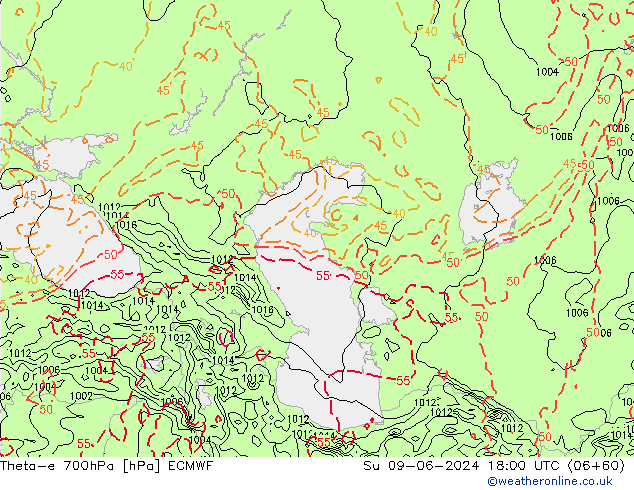 Theta-e 700hPa ECMWF zo 09.06.2024 18 UTC