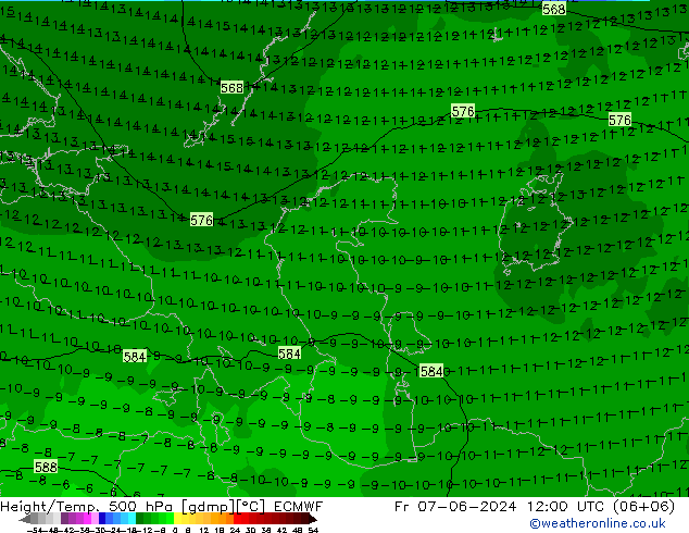 Z500/Rain (+SLP)/Z850 ECMWF vie 07.06.2024 12 UTC