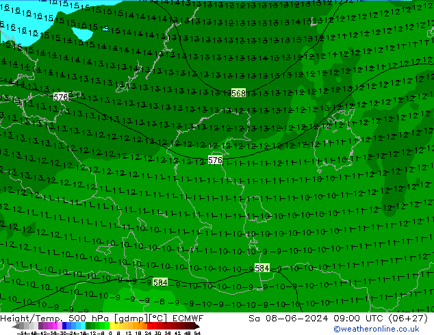 Hoogte/Temp. 500 hPa ECMWF za 08.06.2024 09 UTC