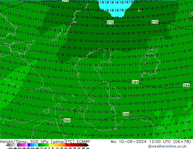 Z500/Rain (+SLP)/Z850 ECMWF Po 10.06.2024 12 UTC