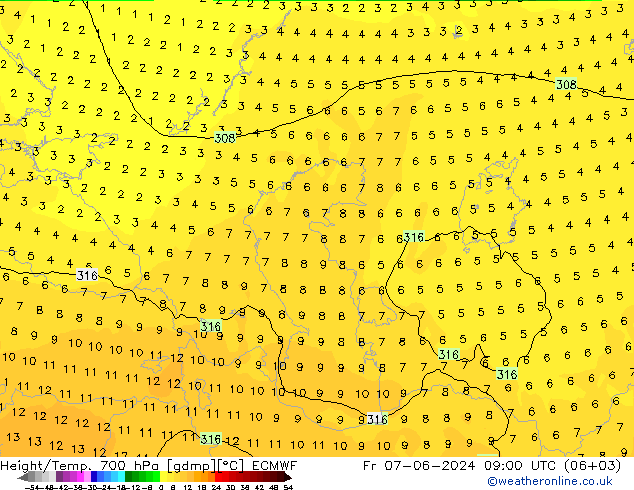 Height/Temp. 700 hPa ECMWF Fr 07.06.2024 09 UTC