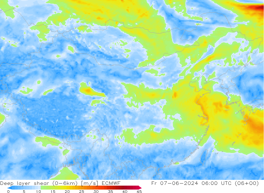 Deep layer shear (0-6km) ECMWF ven 07.06.2024 06 UTC