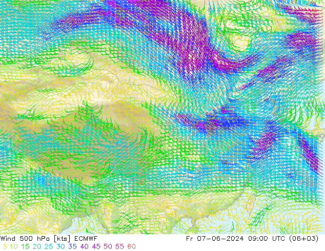 风 500 hPa ECMWF 星期五 07.06.2024 09 UTC