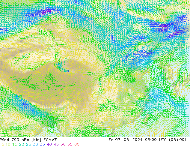 Wind 700 hPa ECMWF Fr 07.06.2024 06 UTC