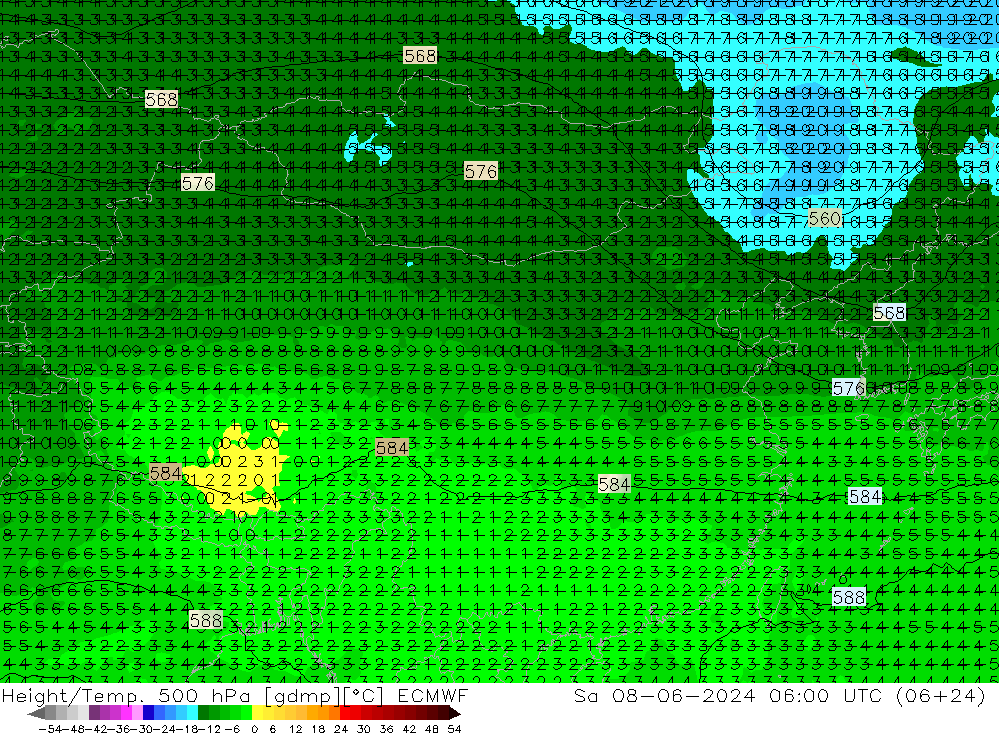 Hoogte/Temp. 500 hPa ECMWF za 08.06.2024 06 UTC