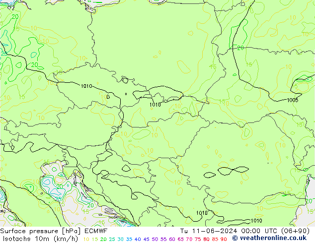 Isotachen (km/h) ECMWF di 11.06.2024 00 UTC