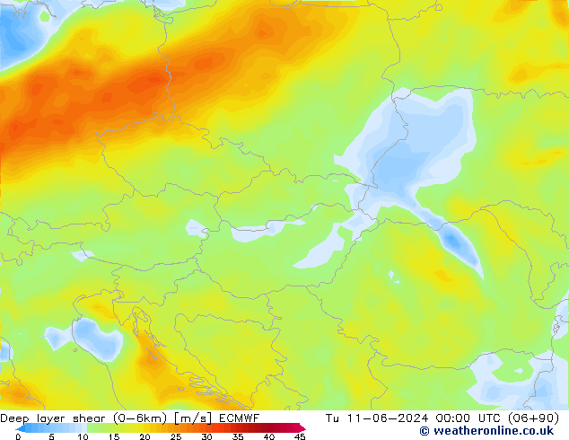 Deep layer shear (0-6km) ECMWF Tu 11.06.2024 00 UTC