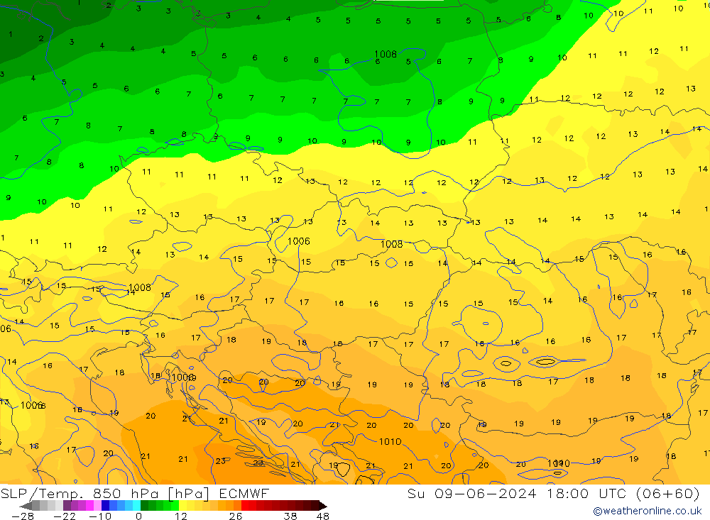 850 hPa Yer Bas./Sıc ECMWF Paz 09.06.2024 18 UTC