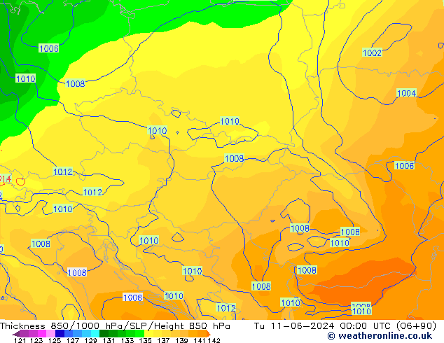 Thck 850-1000 hPa ECMWF Út 11.06.2024 00 UTC