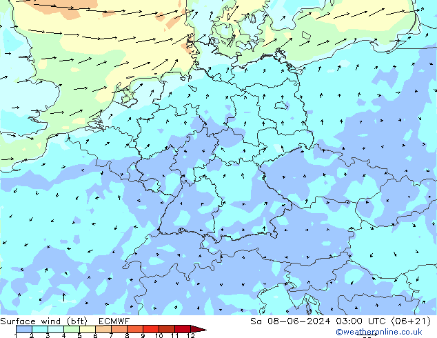 Wind 10 m (bft) ECMWF za 08.06.2024 03 UTC