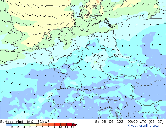 wiatr 10 m (bft) ECMWF so. 08.06.2024 09 UTC