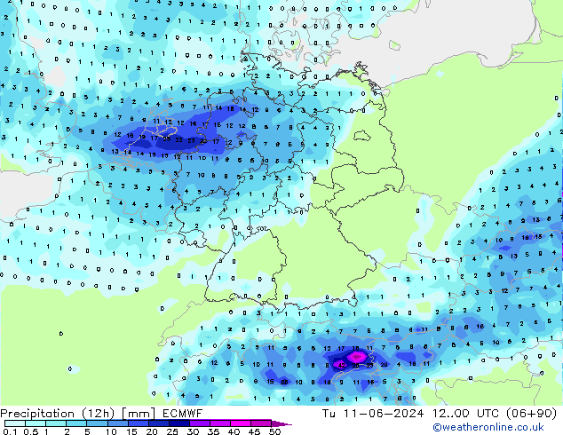 Precipitation (12h) ECMWF Tu 11.06.2024 00 UTC