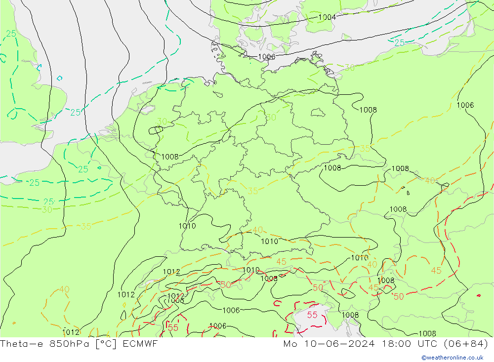 Theta-e 850hPa ECMWF Mo 10.06.2024 18 UTC