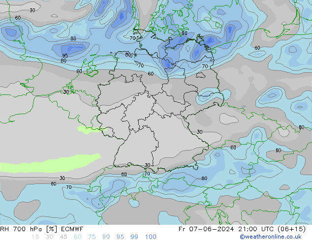 RH 700 hPa ECMWF Fr 07.06.2024 21 UTC