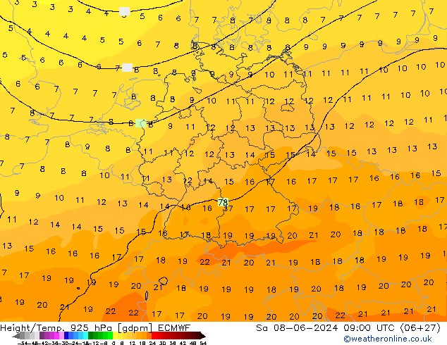 Height/Temp. 925 hPa ECMWF Sáb 08.06.2024 09 UTC