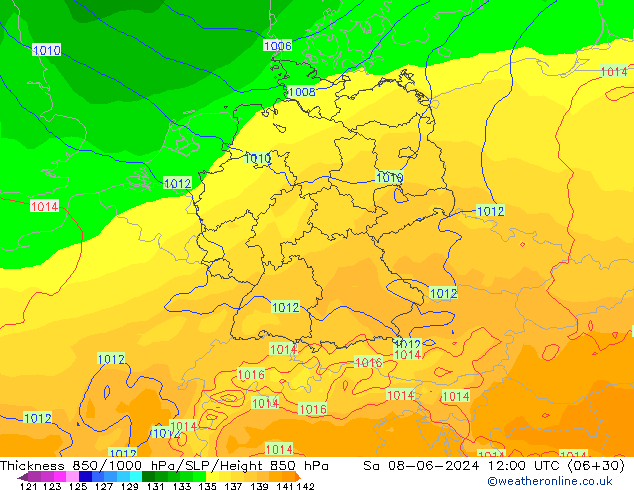 Dikte 850-1000 hPa ECMWF za 08.06.2024 12 UTC