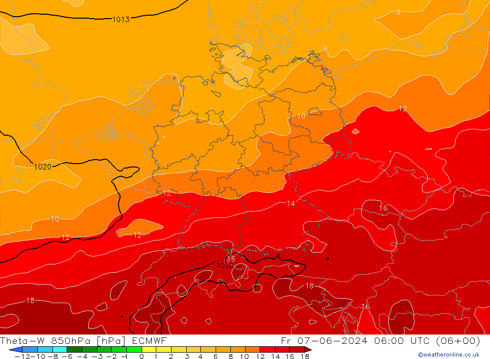 Theta-W 850hPa ECMWF Pá 07.06.2024 06 UTC