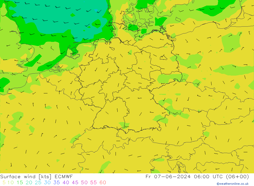 Surface wind ECMWF Fr 07.06.2024 06 UTC