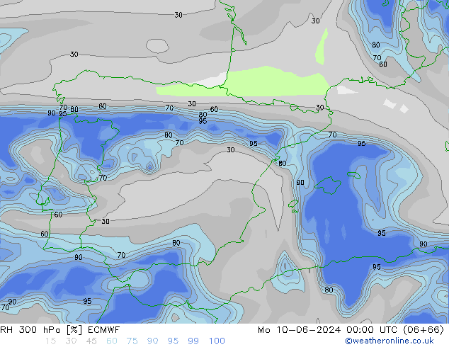 Humidité rel. 300 hPa ECMWF lun 10.06.2024 00 UTC