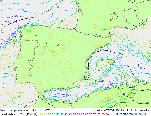 Isotachs (kph) ECMWF Sa 08.06.2024 06 UTC