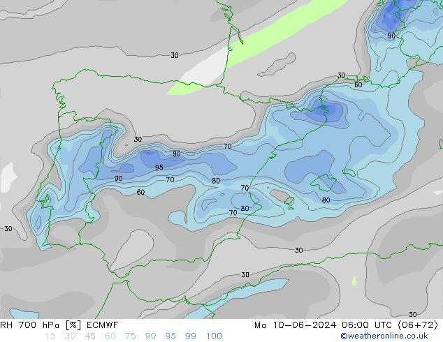 RH 700 hPa ECMWF Mo 10.06.2024 06 UTC