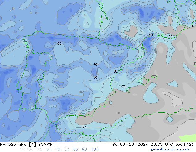 RH 925 hPa ECMWF Su 09.06.2024 06 UTC