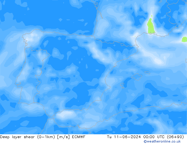 Deep layer shear (0-1km) ECMWF Tu 11.06.2024 00 UTC