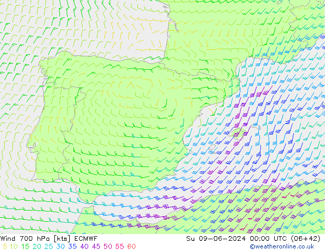 Vento 700 hPa ECMWF Dom 09.06.2024 00 UTC