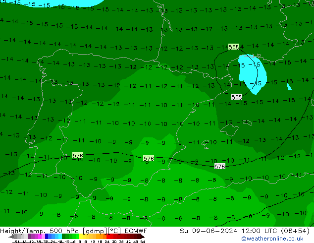 Height/Temp. 500 гПа ECMWF Вс 09.06.2024 12 UTC