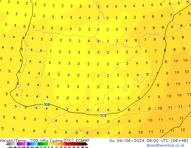 Height/Temp. 700 hPa ECMWF Su 09.06.2024 06 UTC