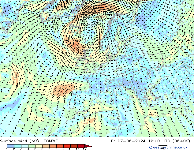 Surface wind (bft) ECMWF Fr 07.06.2024 12 UTC