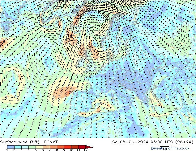 wiatr 10 m (bft) ECMWF so. 08.06.2024 06 UTC