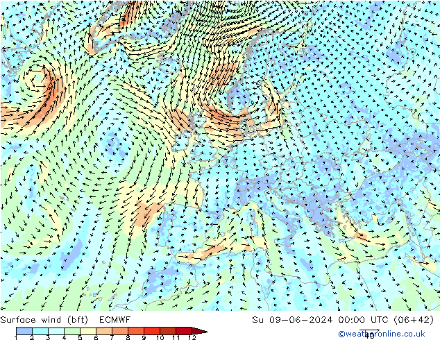 Bodenwind (bft) ECMWF So 09.06.2024 00 UTC