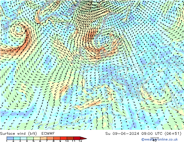 Surface wind (bft) ECMWF Su 09.06.2024 09 UTC