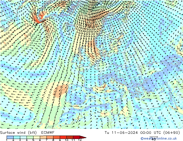  10 m (bft) ECMWF  11.06.2024 00 UTC