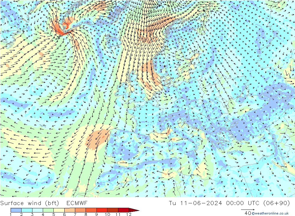 Bodenwind (bft) ECMWF Di 11.06.2024 00 UTC