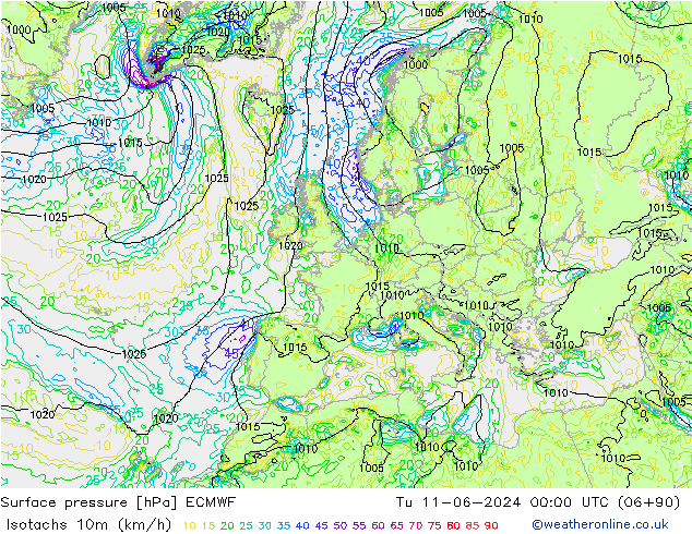 Isotachs (kph) ECMWF  11.06.2024 00 UTC