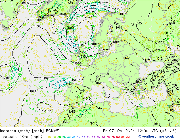 Isotaca (mph) ECMWF vie 07.06.2024 12 UTC