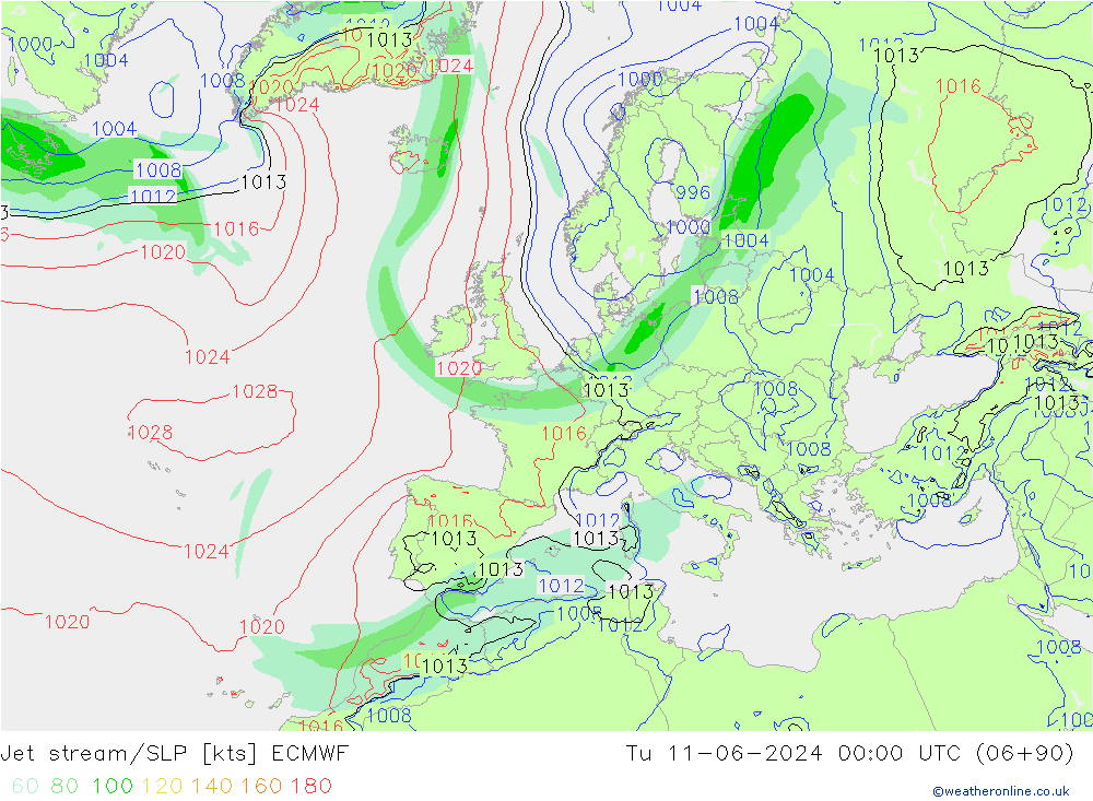 Jet stream/SLP ECMWF Tu 11.06.2024 00 UTC