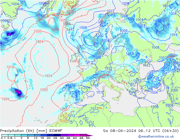 Z500/Rain (+SLP)/Z850 ECMWF Sa 08.06.2024 12 UTC