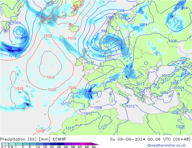 Z500/Yağmur (+YB)/Z850 ECMWF Paz 09.06.2024 06 UTC