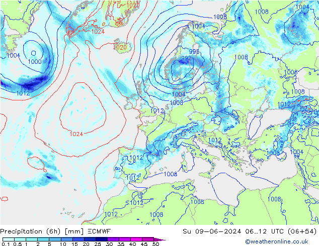 Z500/Rain (+SLP)/Z850 ECMWF Su 09.06.2024 12 UTC