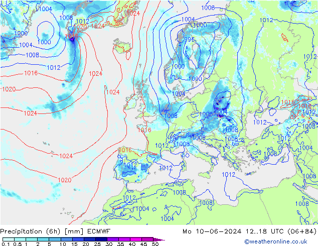 Precipitation (6h) ECMWF Po 10.06.2024 18 UTC