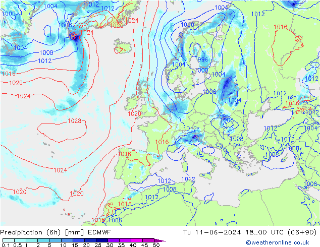 Precipitation (6h) ECMWF Tu 11.06.2024 00 UTC