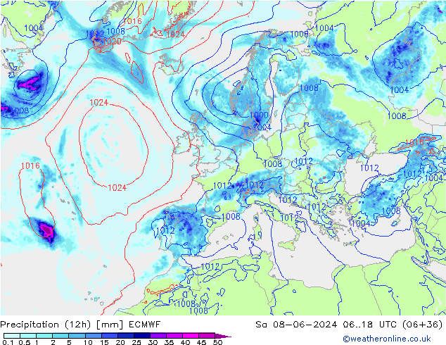 Precipitation (12h) ECMWF Sa 08.06.2024 18 UTC