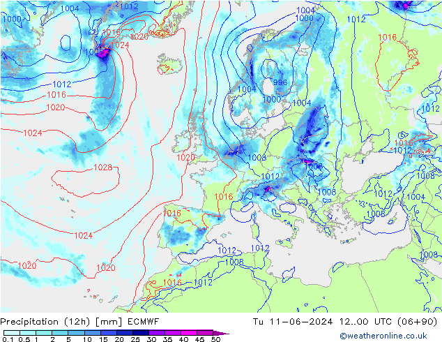 Precipitazione (12h) ECMWF mar 11.06.2024 00 UTC