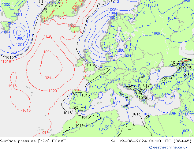 Presión superficial ECMWF dom 09.06.2024 06 UTC