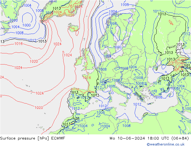 pressão do solo ECMWF Seg 10.06.2024 18 UTC