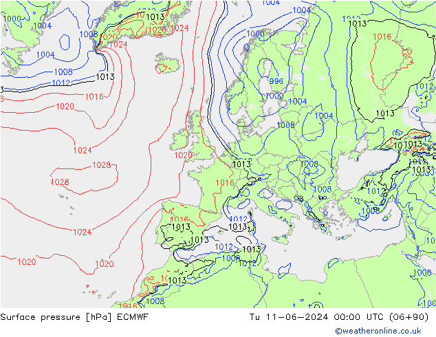 Surface pressure ECMWF Tu 11.06.2024 00 UTC